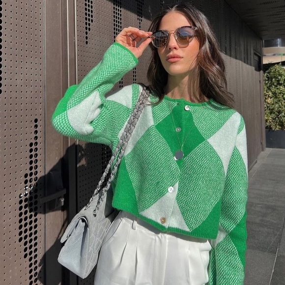 ZARA jacquard knit argyle geometric print cardigan blogger favorite - Picture 3 of 16